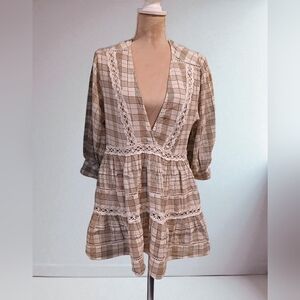 Free People Taupe Brown White Plaid Tunic Shirt Womans Medium Babydoll Crochet